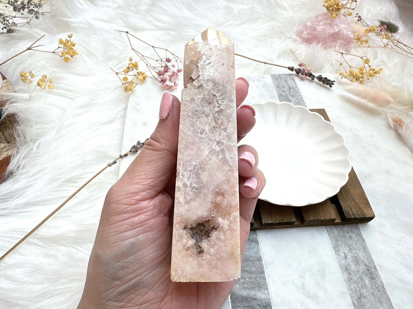 Pink Amethyst with Flower Agate Tower Obelisk