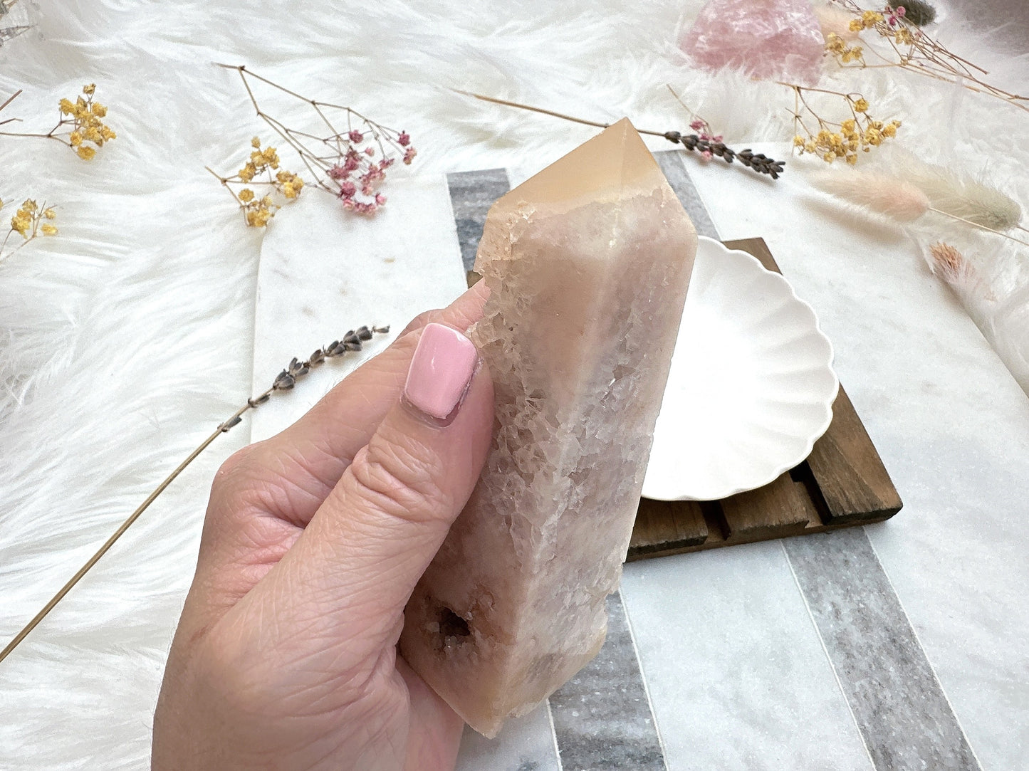 Pink Amethyst with Flower Agate Tower Obelisk