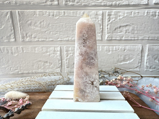 Pink Amethyst with Flower Agate Tower Obelisk