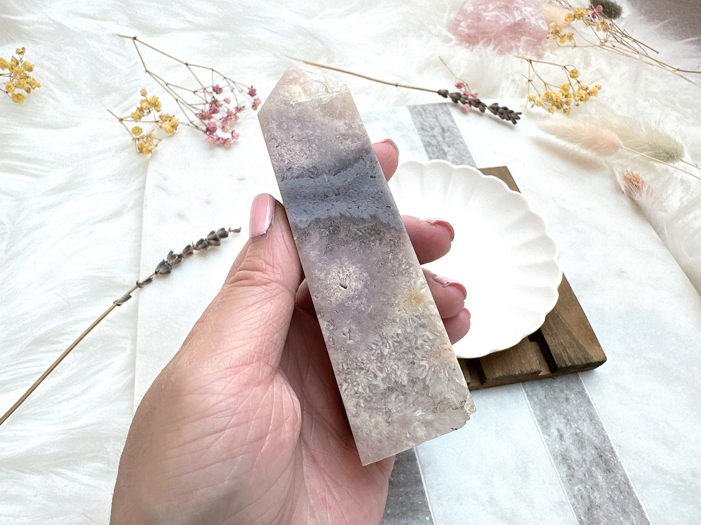 Pink Amethyst with Flower Agate Tower Obelisk