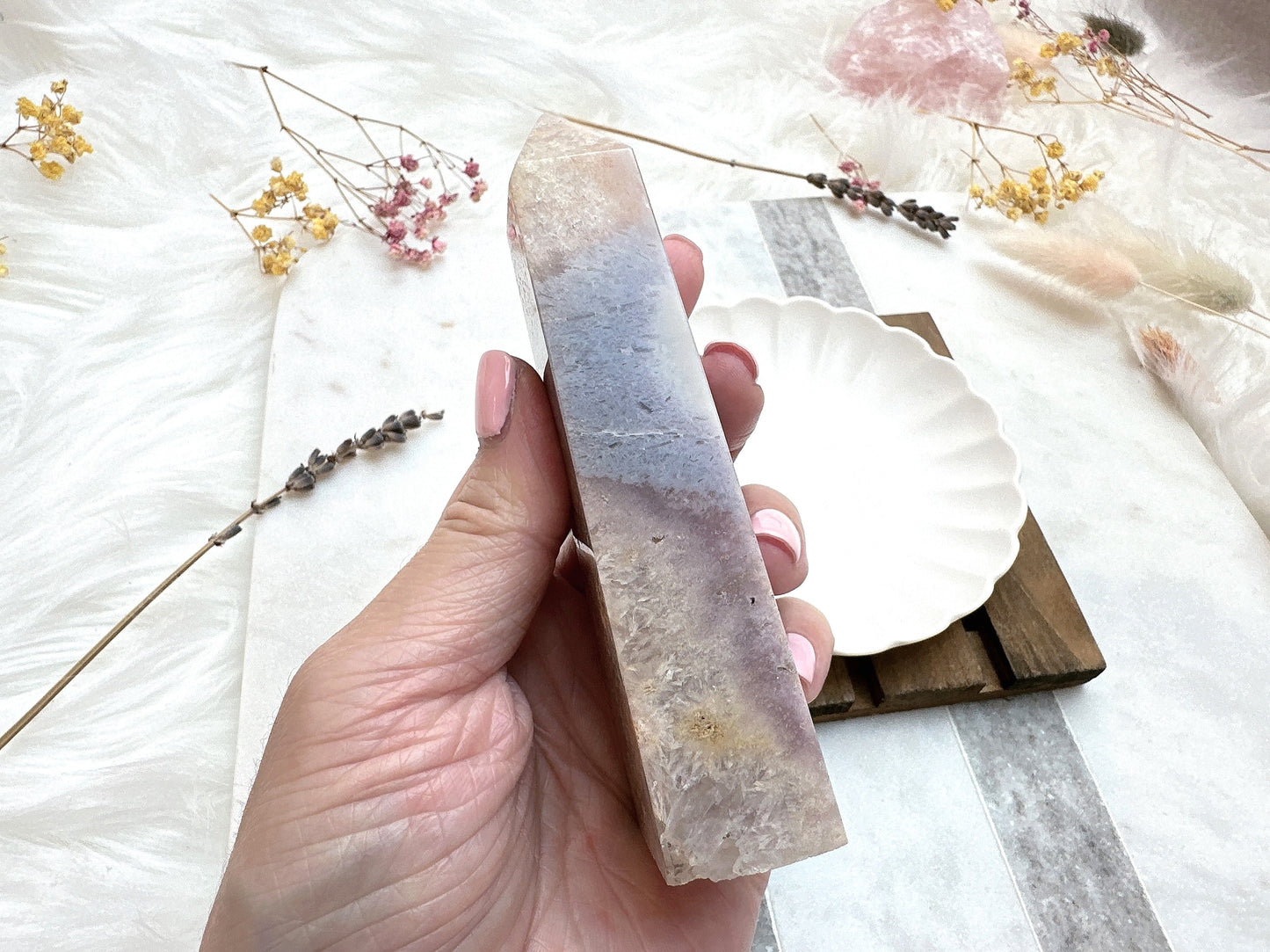 Pink Amethyst with Flower Agate Tower Obelisk