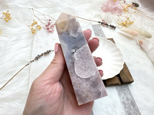 Pink Amethyst with Flower Agate Tower Obelisk
