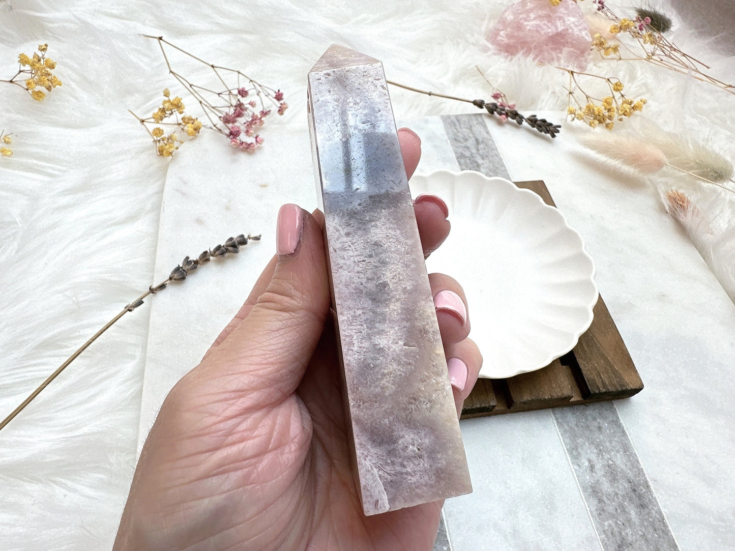 Pink Amethyst with Flower Agate Tower Obelisk