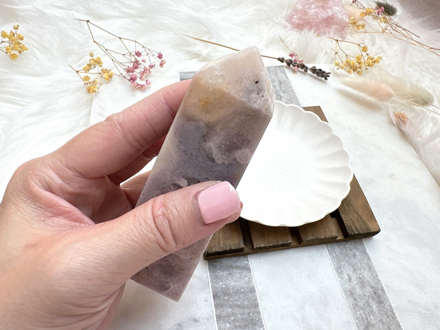 Pink Amethyst with Flower Agate Tower Obelisk