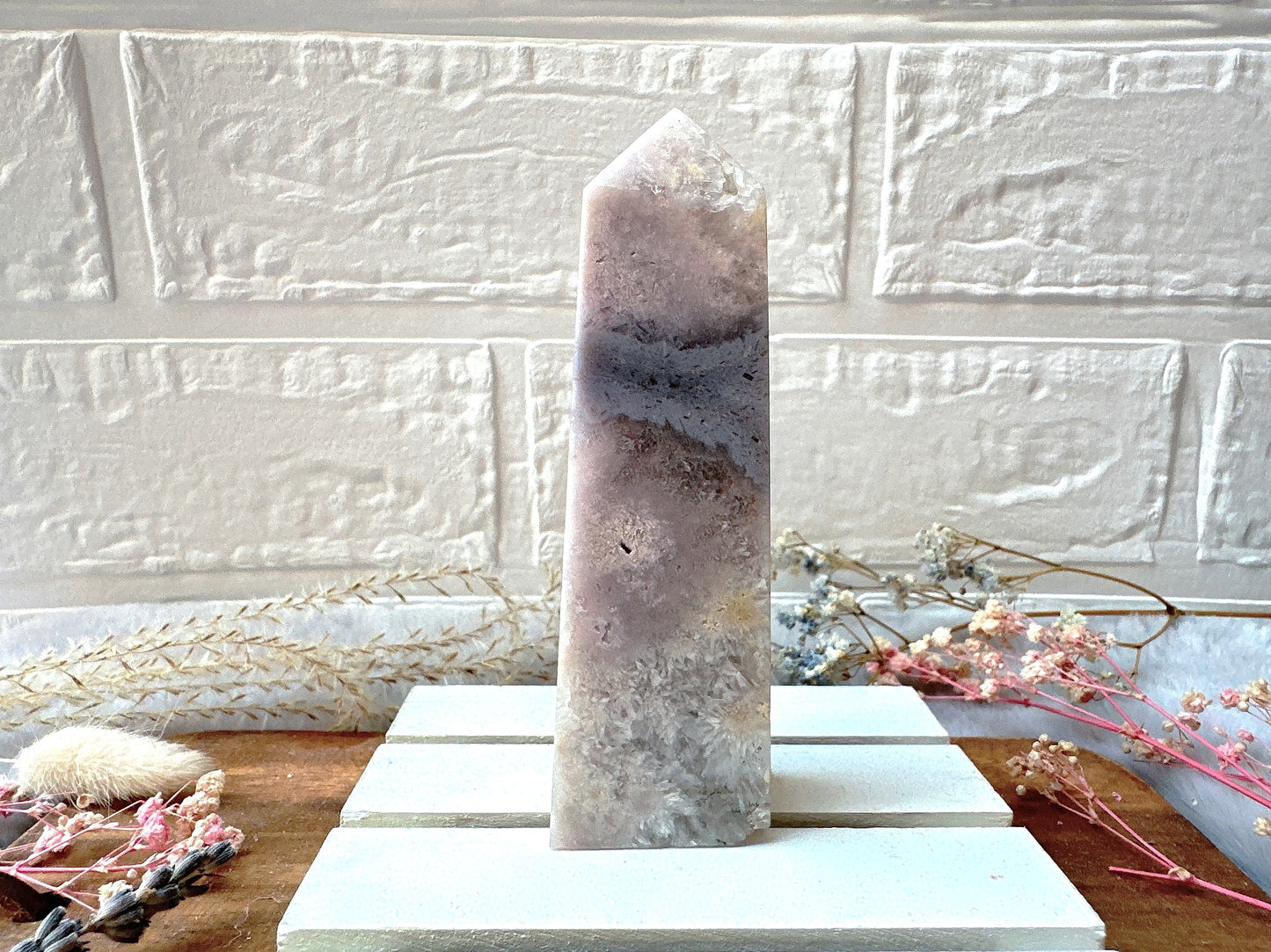 Pink Amethyst with Flower Agate Tower Obelisk