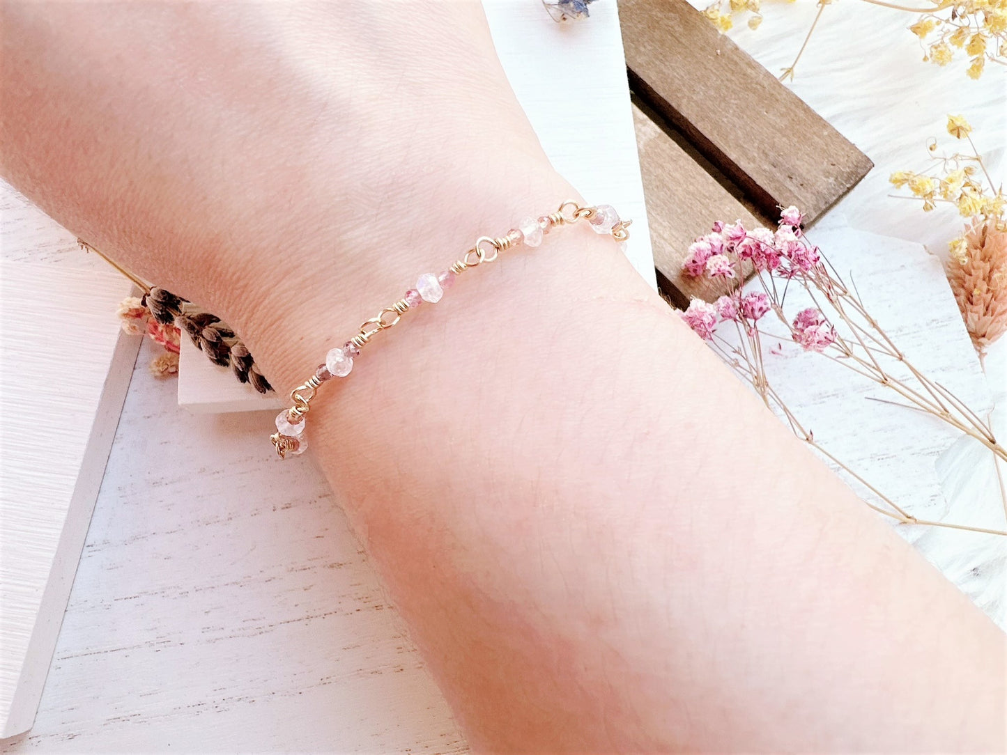Mini Rainbow Moonstone and Spinel Bracelet