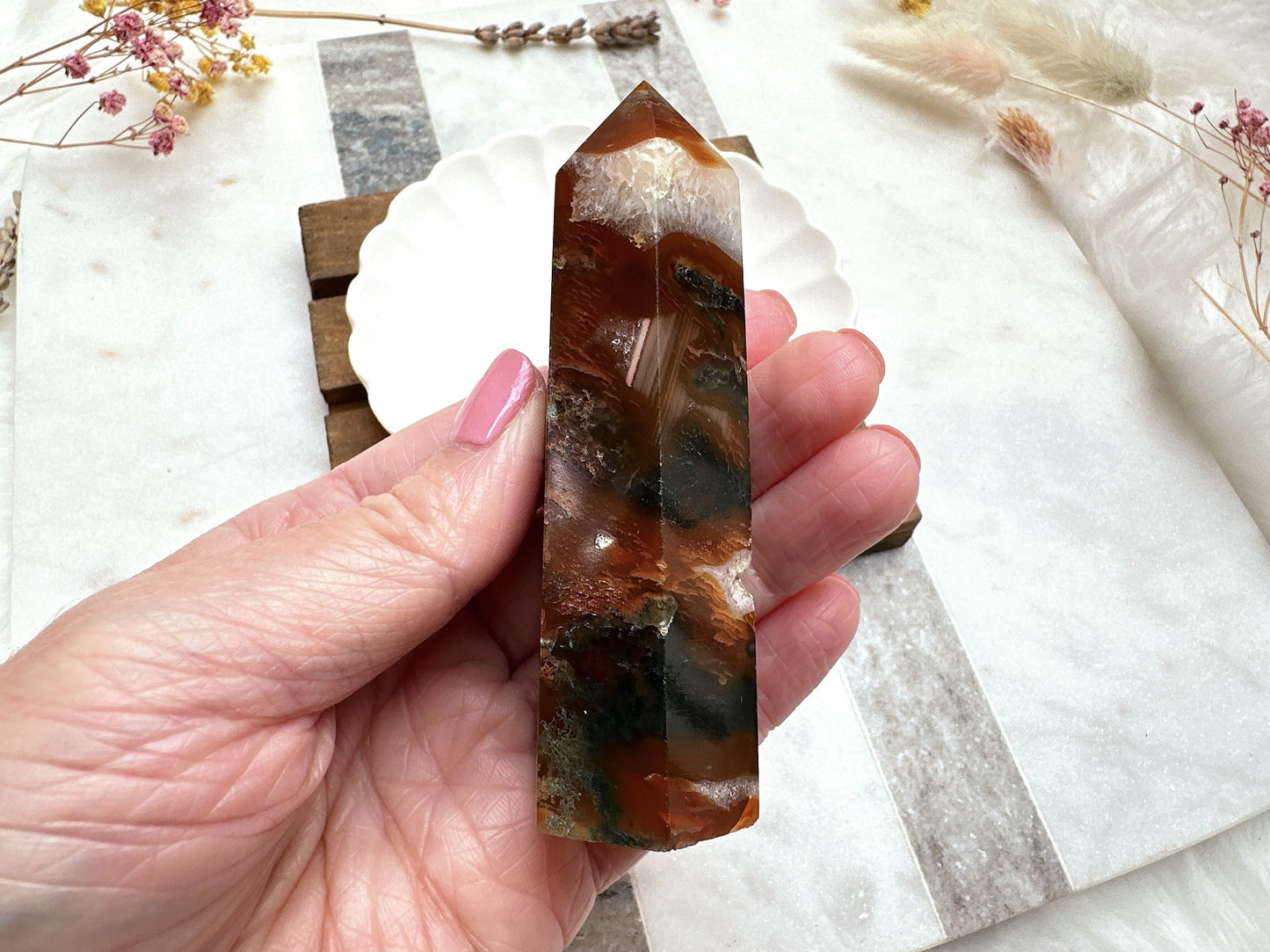 Small Red Moss Agate Tower Obelisk