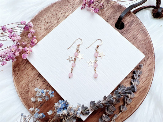 Rose Quartz and Star Charms Earrings