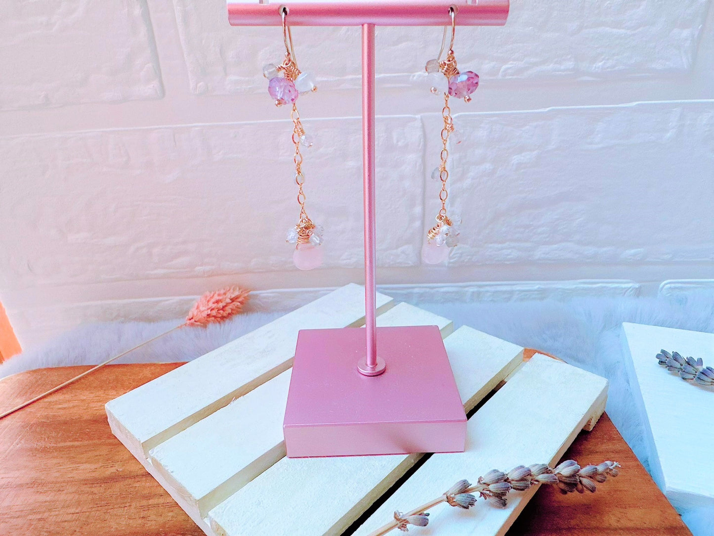 Rose Quartz with Gemstone Cluster Long Dangle Earrings