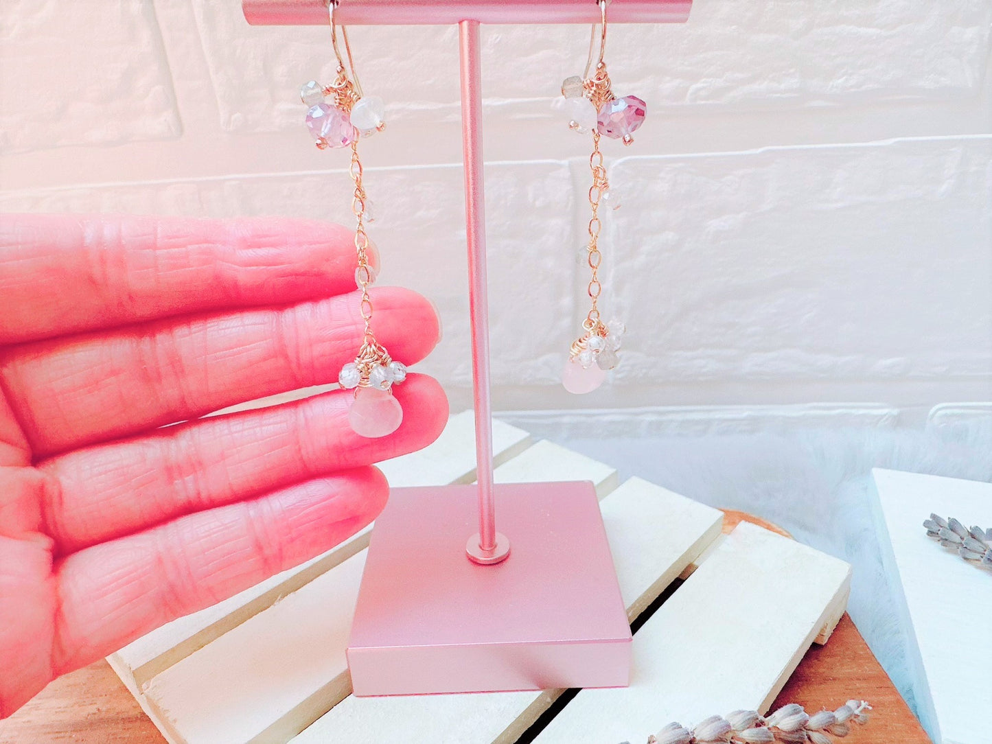 Rose Quartz with Gemstone Cluster Long Dangle Earrings