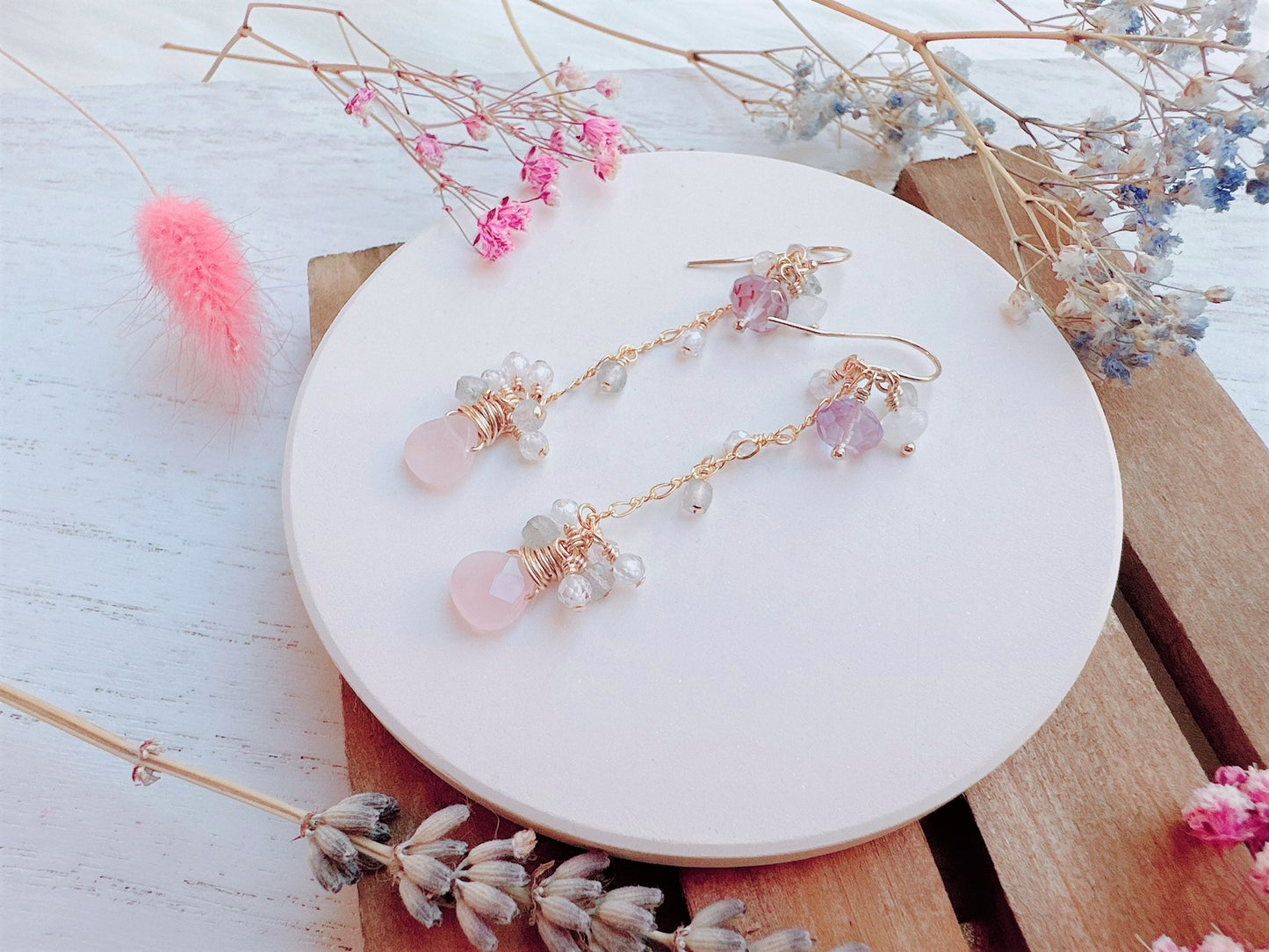 Rose Quartz with Gemstone Cluster Long Dangle Earrings