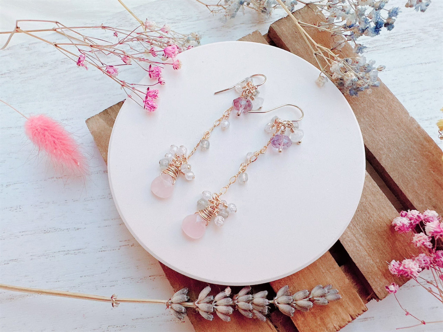 Rose Quartz with Gemstone Cluster Long Dangle Earrings