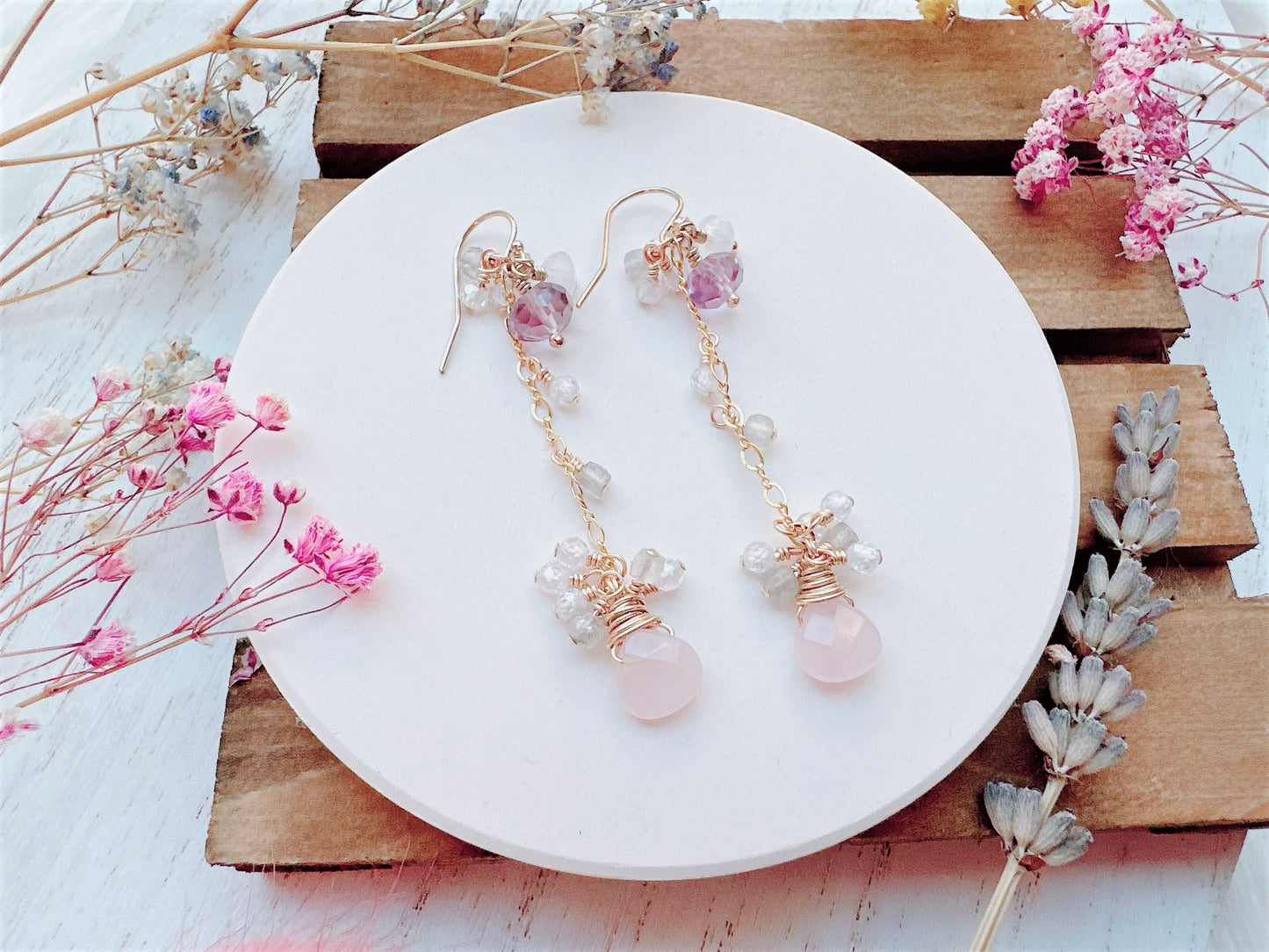 Rose Quartz with Gemstone Cluster Long Dangle Earrings