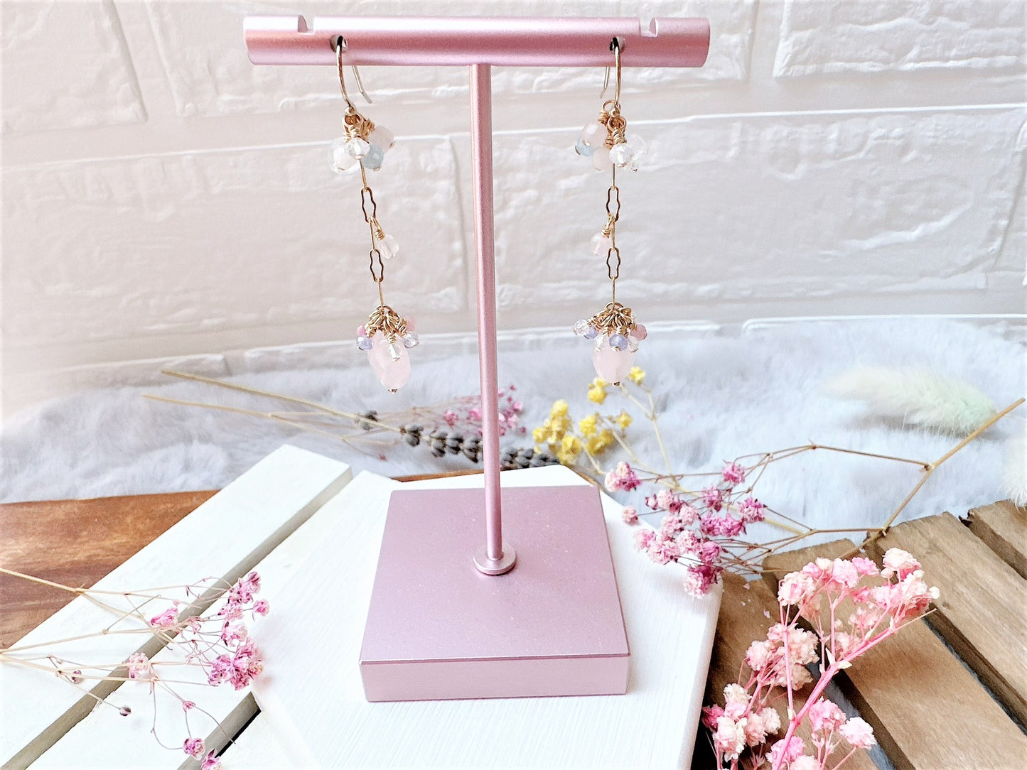 Rose Quartz with Gemstone Cluster Long Dangle Earrings