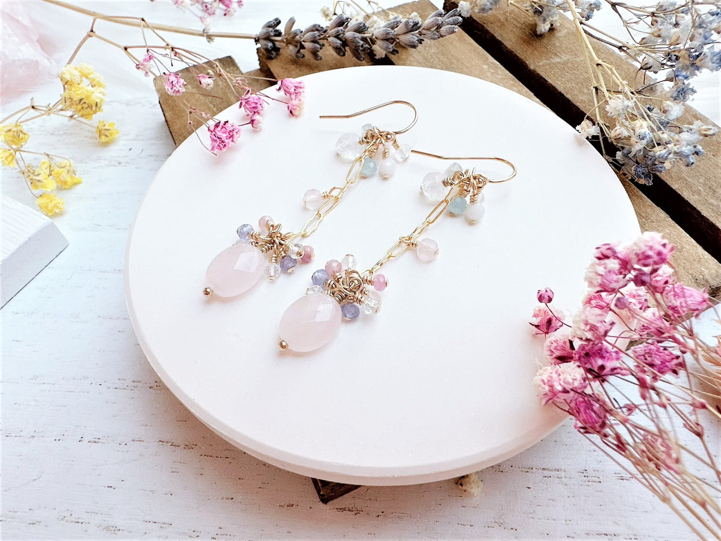 Rose Quartz with Gemstone Cluster Long Dangle Earrings