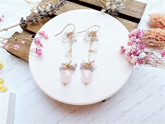 Rose Quartz with Gemstone Cluster Long Dangle Earrings