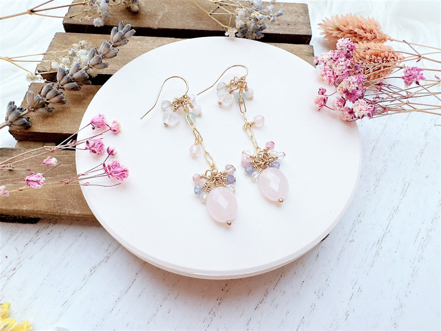 Rose Quartz with Gemstone Cluster Long Dangle Earrings