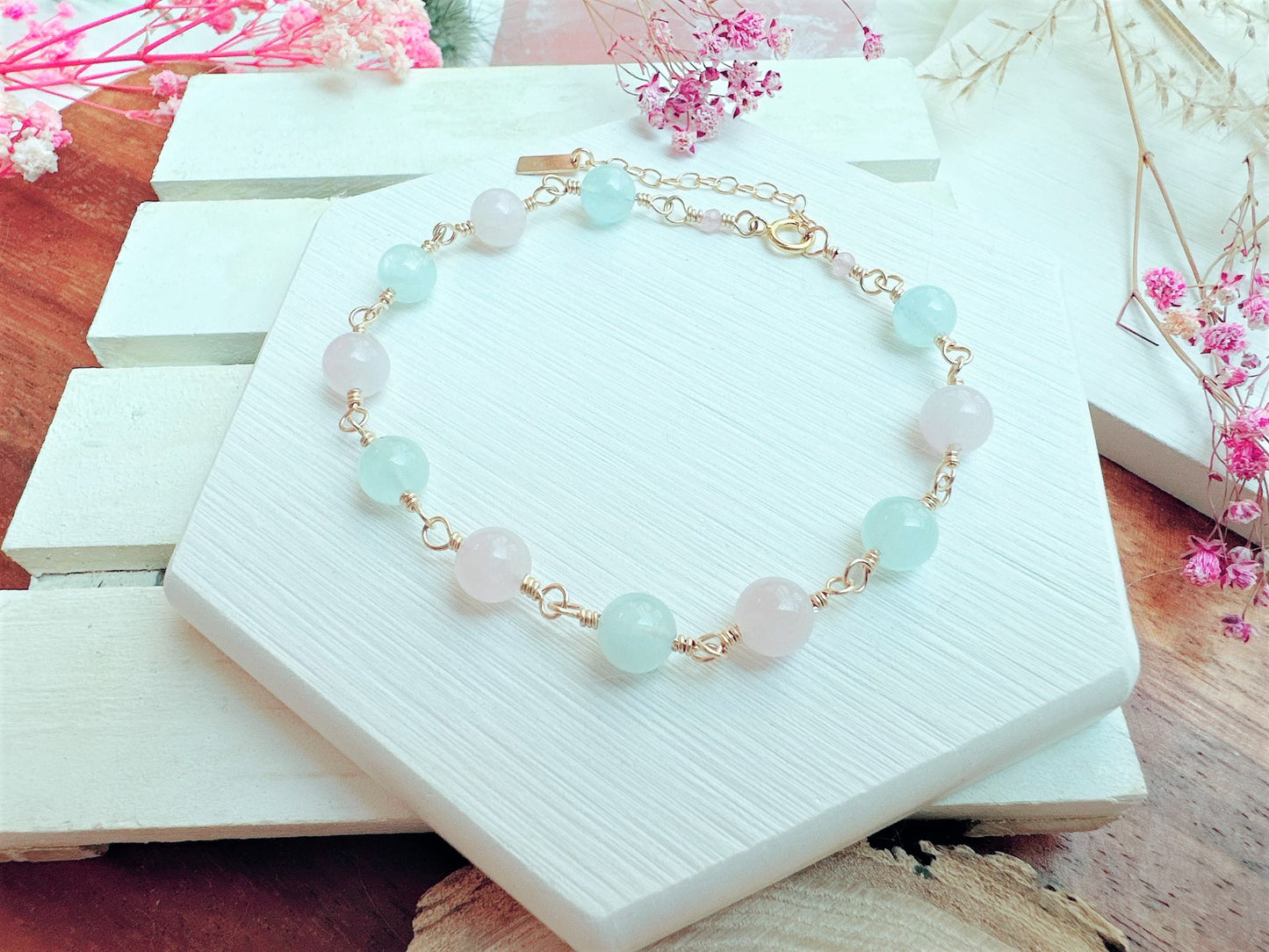 Madagascar Rose Quartz and Aquamarine Bracelet