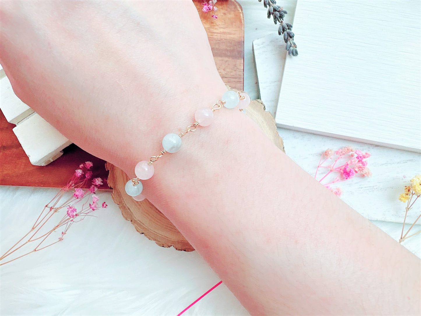 Madagascar Rose Quartz and Aquamarine Bracelet