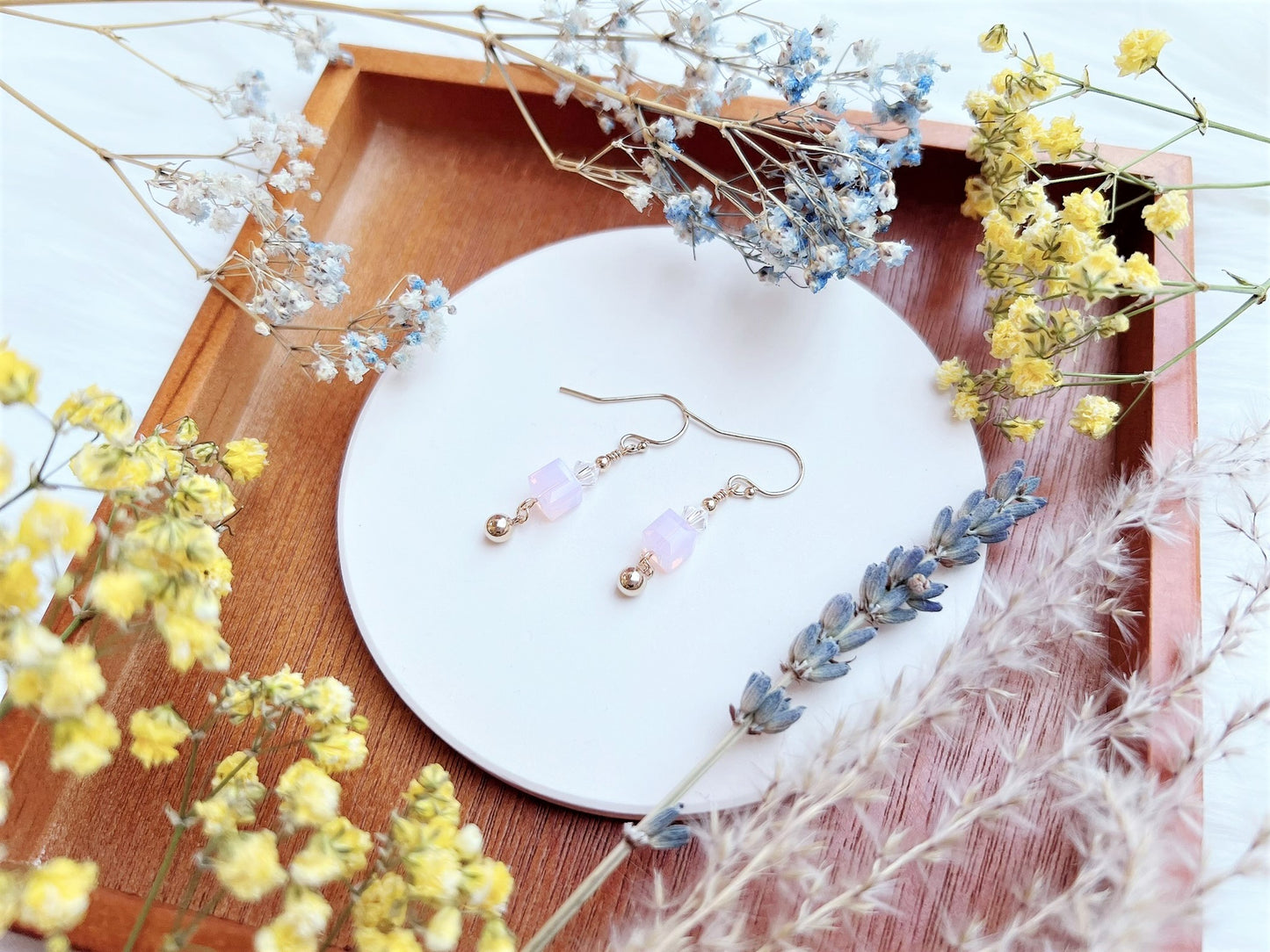 Crystal Cube with Bead Ball Charm Earrings