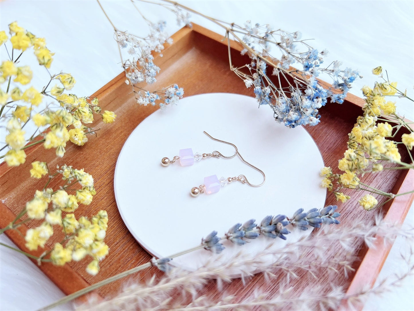 Crystal Cube with Bead Ball Charm Earrings