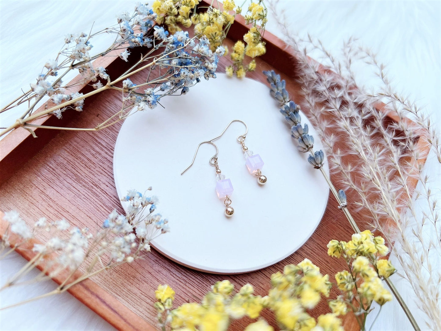 Crystal Cube with Bead Ball Charm Earrings