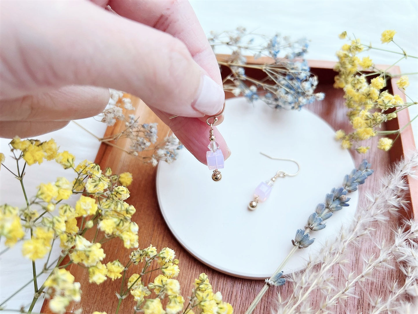 Crystal Cube with Bead Ball Charm Earrings