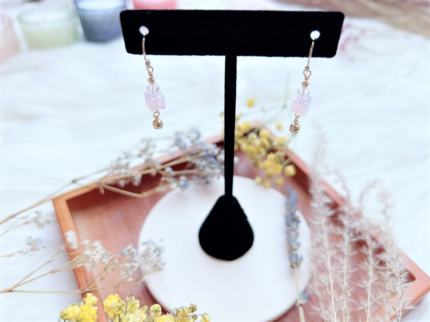 Crystal Cube with Bead Ball Charm Earrings