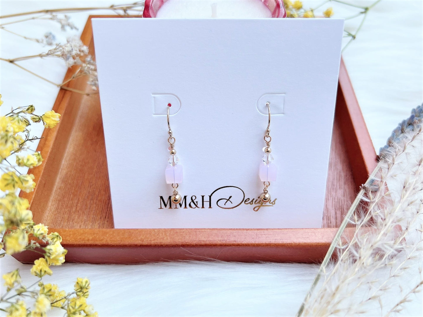 Crystal Cube with Bead Ball Charm Earrings