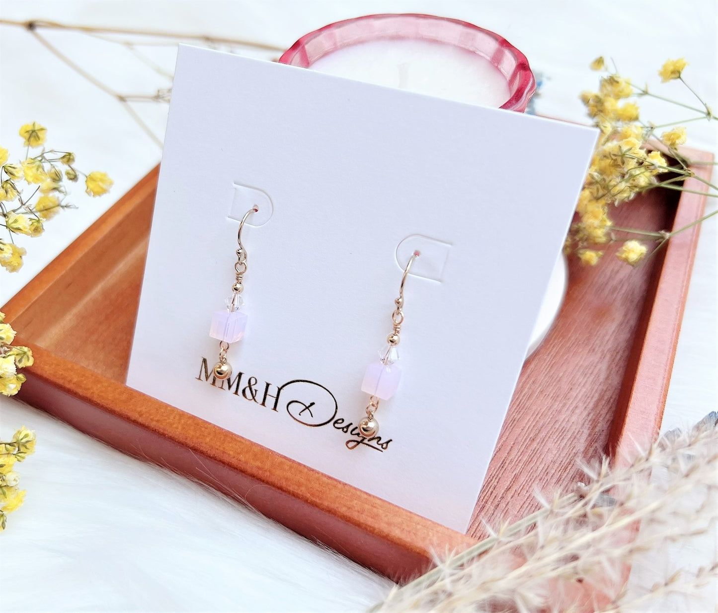 Crystal Cube with Bead Ball Charm Earrings