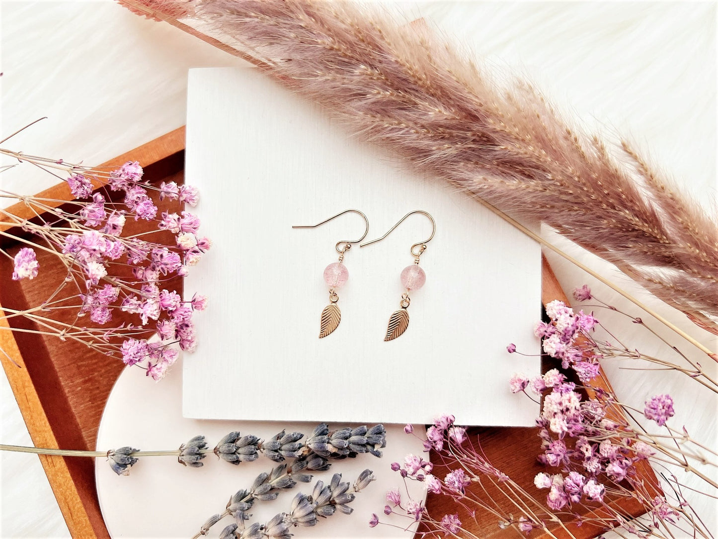 Strawberry Quartz Earrings with Flat Leaf Charm