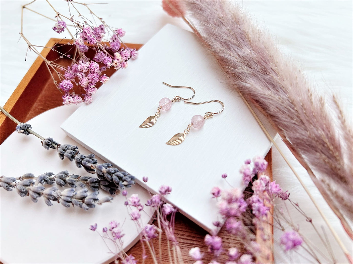 Strawberry Quartz Earrings with Flat Leaf Charm