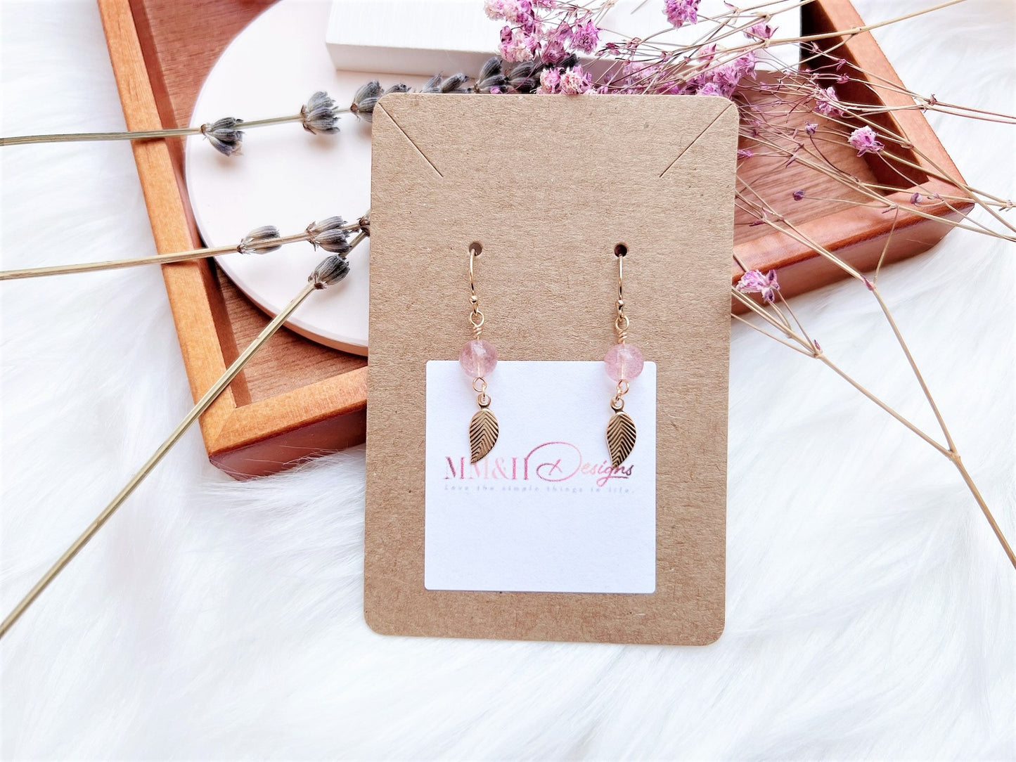 Strawberry Quartz Earrings with Flat Leaf Charm