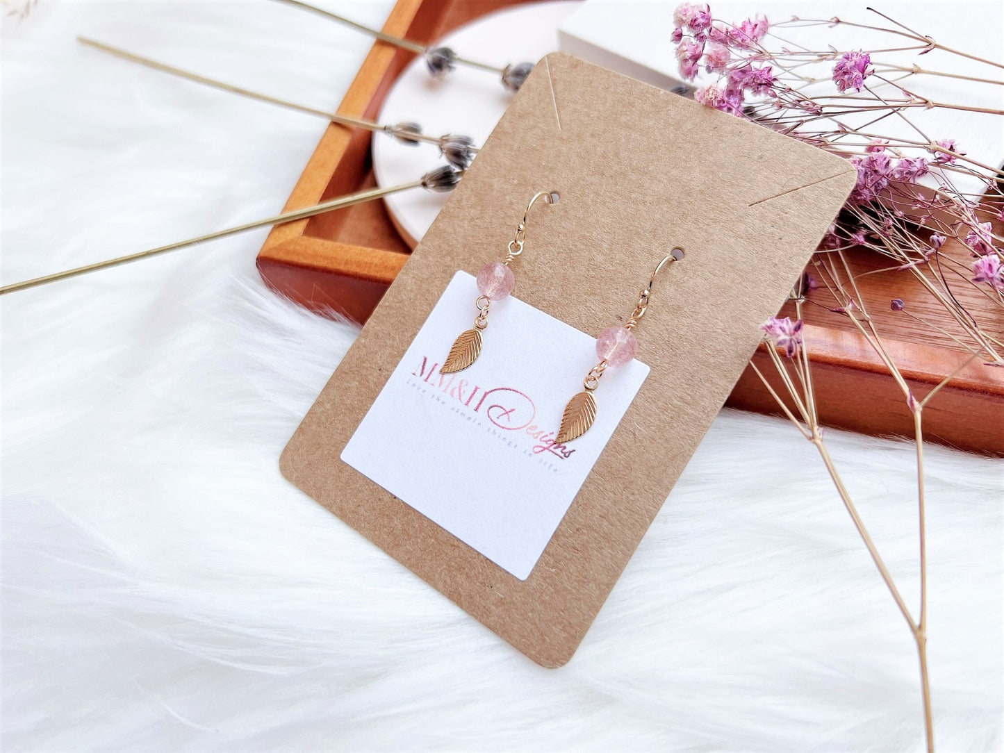 Strawberry Quartz Earrings with Flat Leaf Charm