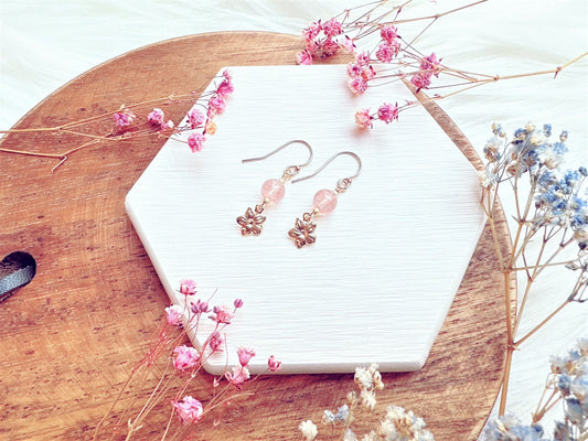 Strawberry Quartz with Flower Charm Earrings